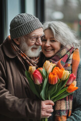 Obraz premium Elderly couple joyfully embracing and holding a bouquet of colorful tulips in a cozy urban setting during early spring