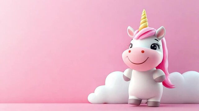 A vibrant unicorn toy with a smiling face dancing near white cloud, surrounded by a pastel pink backdrop, with copy space