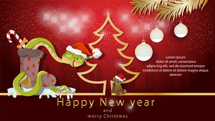 Illustration of the New Year and Christmas A snake crawls out of a gift sock next to a spruce tree in the form of a contour