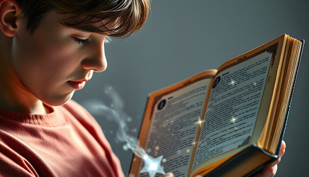 Young guy reading a magical book isolated with white highlights, png