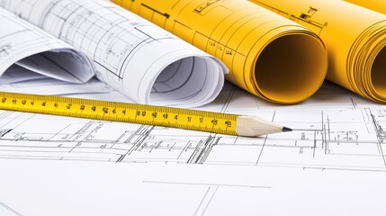 Detailed architectural blueprints and tools for construction plans on a workspace table.