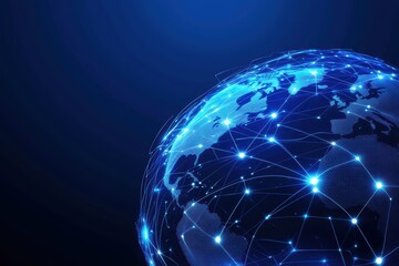 Obraz premium Digital globe with network connections on a blue background, representing global communication and technology.