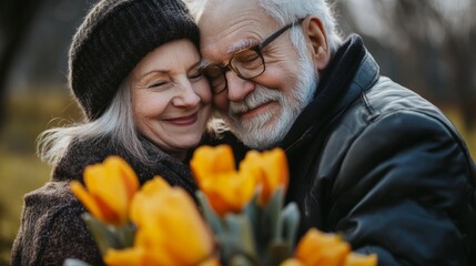 Obraz premium Elderly couple sharing a joyful moment together while holding a bouquet of vibrant orange flowers in a serene outdoor setting