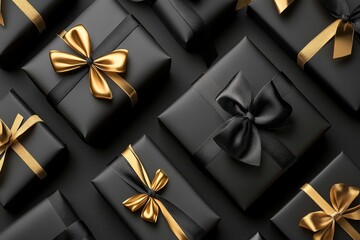 Luxurious black gift boxes tied with golden ribbons arranged in a seamless elegant pattern creating a chic sophisticated presentation ideal for high end festive or celebratory events