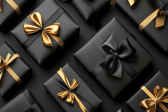 Luxurious black gift boxes tied with golden ribbons arranged in a seamless elegant pattern creating a chic sophisticated presentation ideal for high end festive or celebratory events