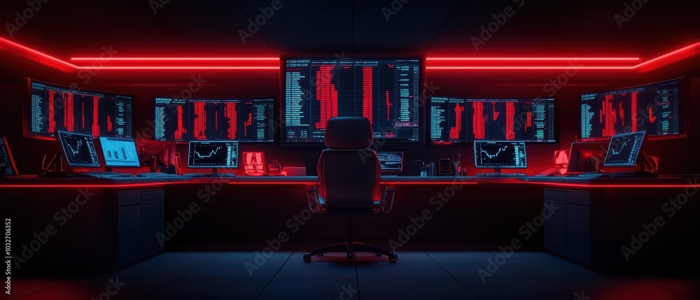 Poster futuristic control room with multiple screens displaying data, illuminated by striking red light in 