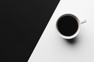 A simple white cup filled with black coffee rests on a sharply divided black and white surface under bright morning light