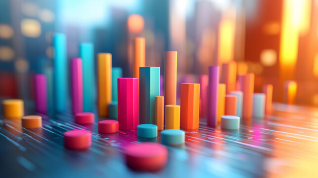 Vibrant digital landscape featuring 3D colorful bar charts and abstract cityscape lights, representing growth, technology, and data trends in a futuristic world. - Powered by Adobe