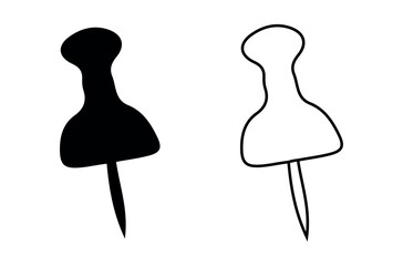 Set of Pushpins Isolated on White Background. Black Silhouette and Outline versions. Concept of Office Supplies, Minimalist Design, Stationery, Simple Icon, thumbtack. Print. Design elements