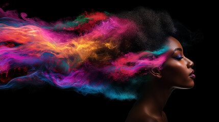musical vibrations depicted as colorful Smokey liquid art travels from the sky down to the ears of a realistic young woman with cool hair facing forward, enlightened expression