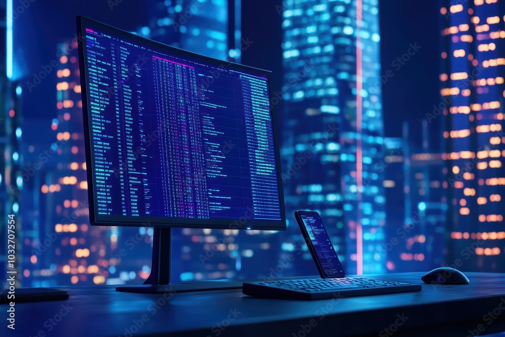 Poster modern workspace with a computer displaying code, surrounded by a vibrant cityscape at night.