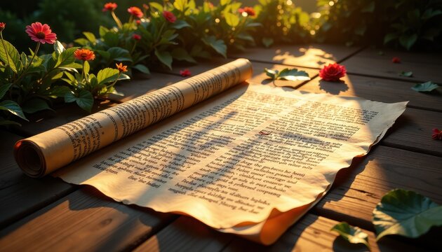 An old palm-leaf manuscript rolled out across a wooden floor, illuminated by the golden rays of the rising sun, surrounded by the vibrant colors of nature, symbolizing the teachings of Valmiki.