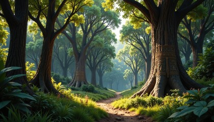 Fototapeta premium A peaceful forest scene with tall trees swaying gently in the breeze, with sacred symbols and ancient scripts carved into the bark, marking the birthplace of Valmiki’s enlightenment.