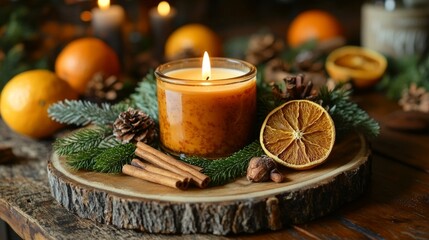 Burning candle spreading christmas spirit with ornaments around