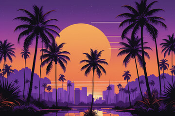 Miami city in 80's retro graphic style 