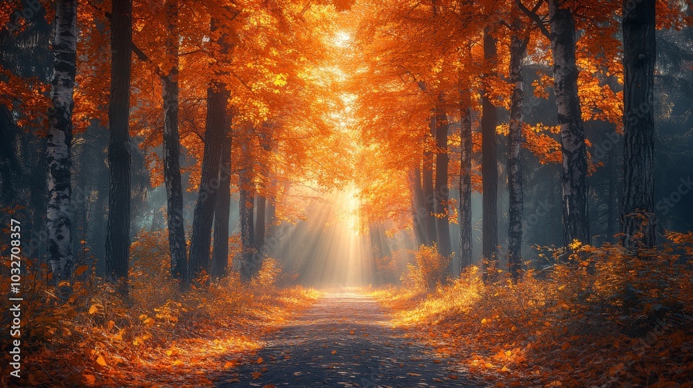 Poster A tranquil forest during autumn displays brilliant orange foliage and a soft mist. Sun rays pierce through trees, creating an enchanting atmosphere along the winding path.