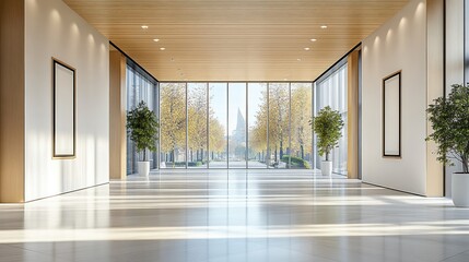 Fototapeta premium Modern office hallway with large windows and wood paneled ceilin
