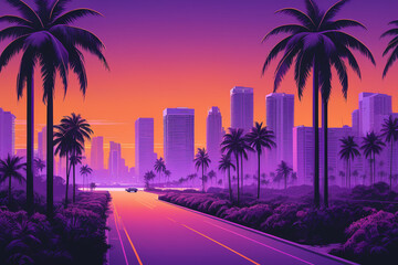 Miami city in 80's retro graphic style 