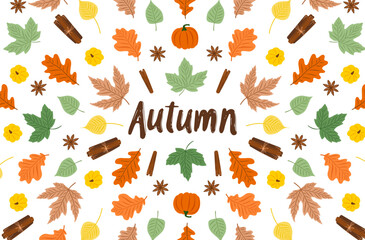 Autumn greeting card with oak and maple leaves, pumpkin, seasonal spice cinnamon, and star anise. Perfect for autumn holidays, Thanksgiving Day.