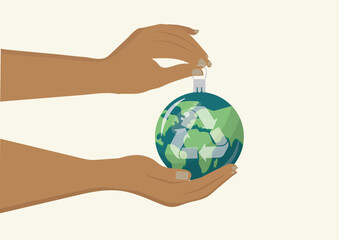 Hands Holding Earth Ornament with recycled tag. Eco-friendly christmas illustration. Sustainable holidays concept. Flat vector illustration