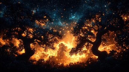  A forest ablaze with vibrant hues of yellow and orange, illuminated by fiery stars above