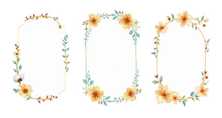 watercolor invitation frame set with orange and light blue, fine flowers and cottonwood leaves, isolated on white background, brush strokes, stylized paint