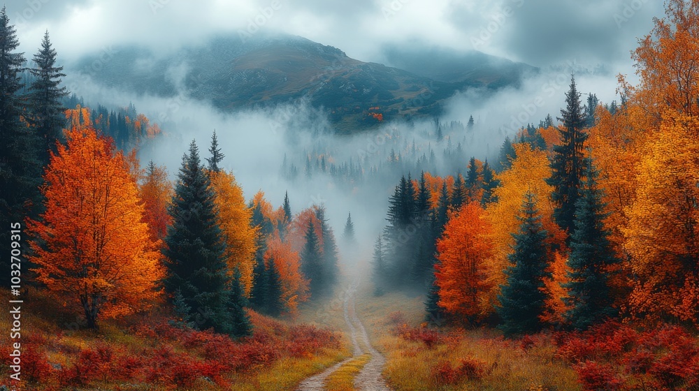 Poster a winding path leads through a scenic forest filled with vibrant autumn foliage. mist rolls across t