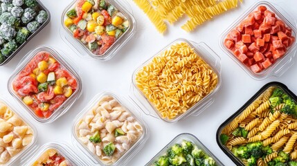 A range of frozen ready-to-cook meals, including pasta and vegetables, displayed on a bright white background.