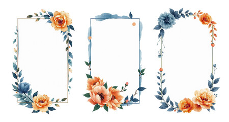 watercolor invitation frames set with dark blue and dark orange, peony flowers and beech leaves, stylish brush strokes, isolated on white, stylized paint