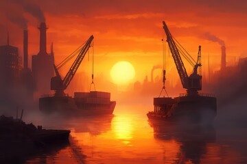 Obraz premium Sunset over a bustling port with cranes and cargo ships silhouetted against a vibrant orange sky.