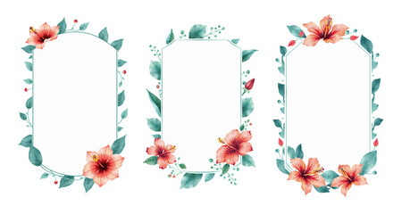 set of invitation labels with teal and red, hibiscus flowers and water lily leaves, brush stroke art, on white background, paint style card