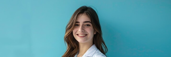banner, portrait of a young African American woman doctor in a white coat, smiling brunette doctor, blue background, poster, copy space, free space for text