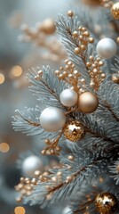 Christmas tree branch covered in white and gold ornaments