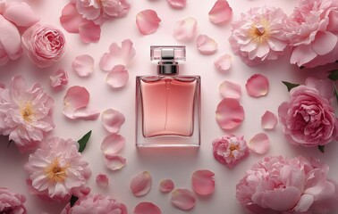 Elegant pink perfume bottle surrounded by fresh roses and petals on a white surface at daytime