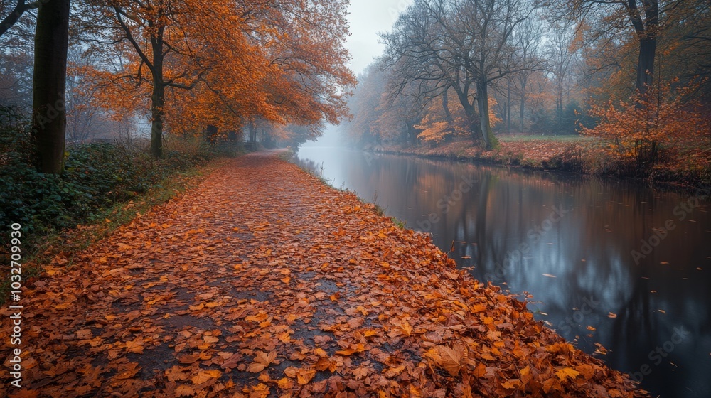 Poster a serene canal pathway is surrounded by trees displaying bright orange foliage. the morning fog crea