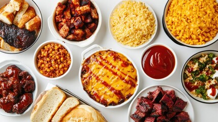 A spread of cheese-smothered dishes, drizzled with barbecue sauce, neatly arranged on a white background.