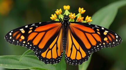 A beautiful monarch butterfly with bright orange wings and black veins. The butterfly is perched on a green leaf and surrounded by yellow flowers.