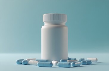 Blue capsules scattered around a white bottle on a light blue background in a well lit setting