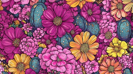   A vibrant array of flowers and cacti against a purple and yellow backdrop, featuring a cactus at the center