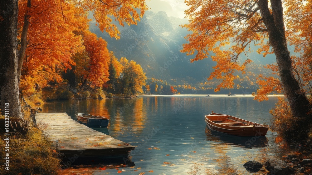 Poster bright autumn leaves reflect on a calm lake as two boats rest gently by a wooden dock, creating a pe