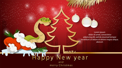 Illustration of the New Year and Christmas A snake crawls out of Santa Claus next to a spruce tree in the form of a contour
