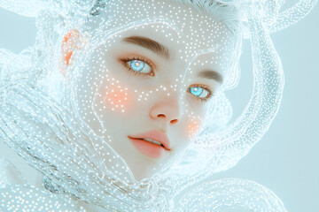 Futuristic digital portrait of a woman with glowing neural patterns, ethereal light surrounding her face, and translucent elements. Concept of AI, advanced tech, and virtual identity in digital art 
