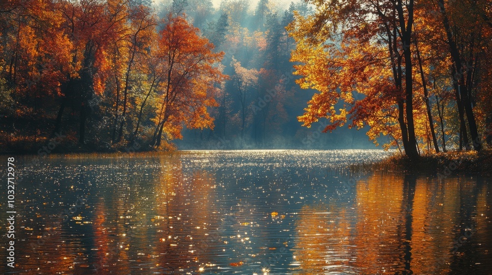 Poster The serene lake is surrounded by trees displaying vivid autumn colors, creating a stunning reflection on the water surface under the bright sunlight.
