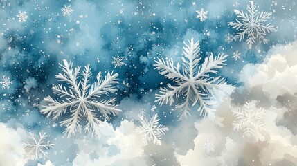 Snowflakes falling from a watercolor winter sky