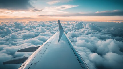 Aerial view of a plane wing above fluffy clouds at sunset during a scenic flight
