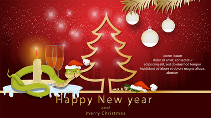 Illustration of the New Year and Christmas A snake wraps around a candle next to a fir tree in the form of an outline
