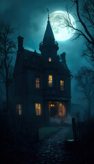 A spooky haunted house with eerie lights illuminating its dark, weathered facade. Shadows dance across the windows, and a full moon casts a haunting glow, creating an atmosphere of mystery and fright
