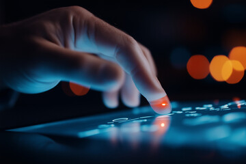 Close-Up of Hand Touching Glowing Touchscreen