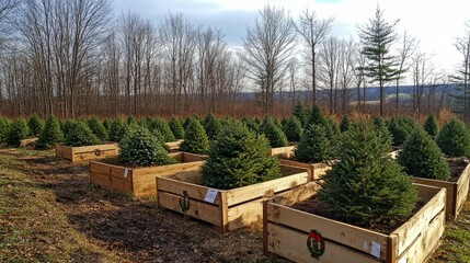 Winter tree farm with neatly arranged evergreen trees in wooden crates during the snowy season