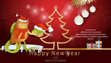 Illustration of the New Year and Christmas a snake and an Owl in Santa Claus hats next to a spruce tree in the form of a contour